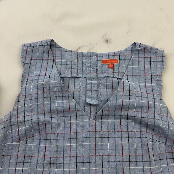 Modcloth Retro Scallop Trim Top Size S Blue Red Check Nautical Buttons Tank - Picture 2 of 11